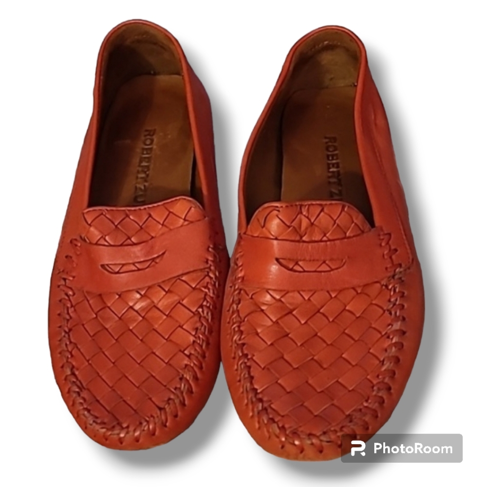 Robert Zur Orange Woven Top Leather Loafers